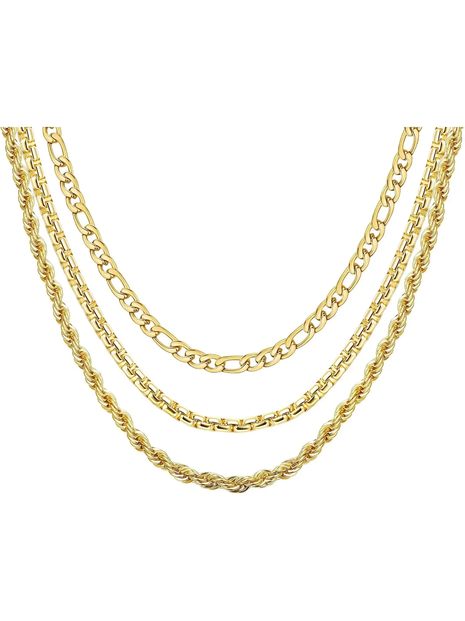 3 Pcs Gold Layered Chain Necklace Set, Stainless Steel Figaro Cuban Link Design Rope Chain, Trendy Stackable Jewelry For Women Men