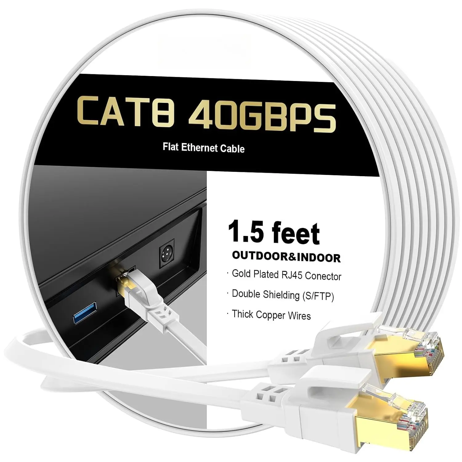 8 Ethernet  1.5 ft, Shielded RJ45 Flat Network LAN  |  Plated RJ45 Connectors, Supports 40Gbps, 2000MHz Bandwidth, Suitable for Indoor and Outdoor Network Connection