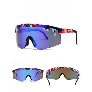 American Flag Polarized Sports Sunglasses, Oversized Rimless Cycling Shades, UV Protection Windproof Wrap-Around Sunglasses for Men Women Running Driving