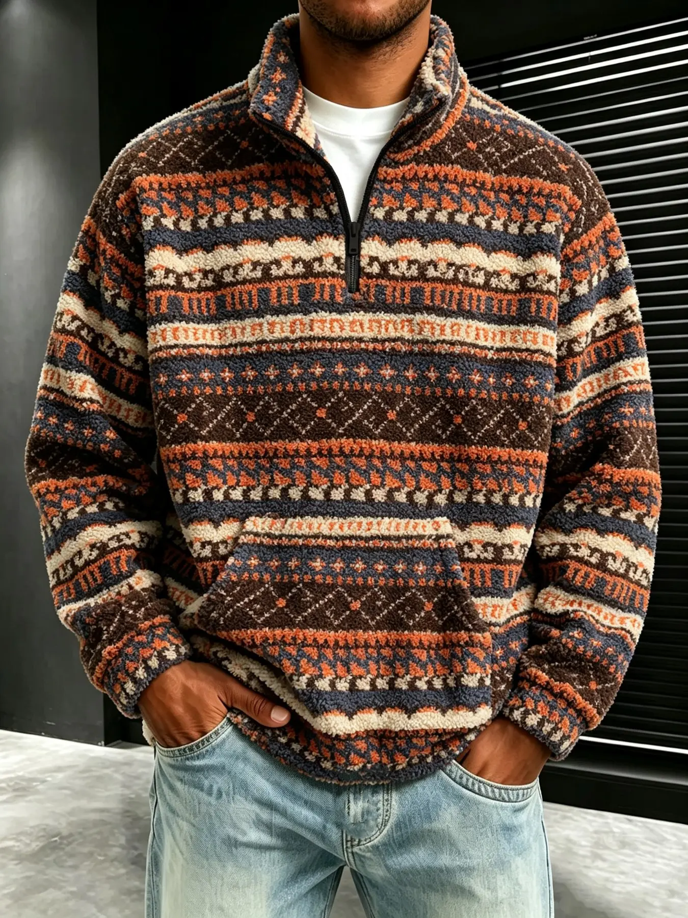 Men Aztec Tribal Geometric Print Half Zip Fleece Pullover, Stand Collar Kangaroo Pocket, Warm Fuzzy Casual Fashion Outerwear for Fall Winter