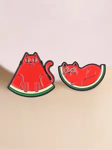 2 Pcs Cute Watermelon Cat Enamel Pin, Creative Fruit Animal Design Badge, Fashion Accessory, Best Gift for Cat Lovers