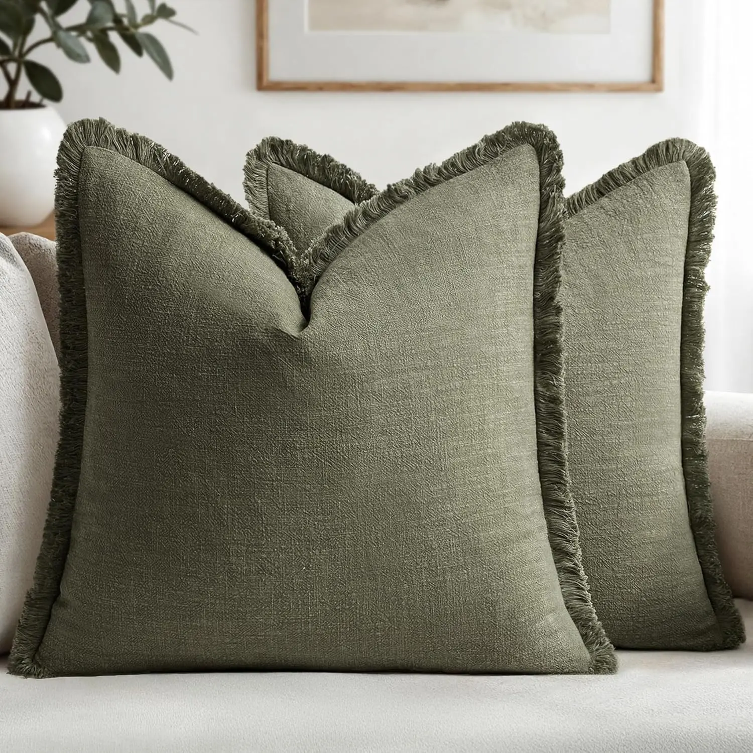 2PCS / 4PCS Decorative Throw Pillow Covers Rifle Green Boho Farmhouse with Tassels, Room Cozy Accessories, for Couch Sofa Bed Home Decor 18x18 Inch (Without pillow insert )