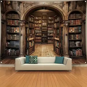 Vintage Library Bookshelf Backdrop Classic Study Style Tapestry Wall Hanging, Library Photography Background, Premium Polyester Wall Decor for Home Office, Reading Corner, Living Room Display, Event Venue