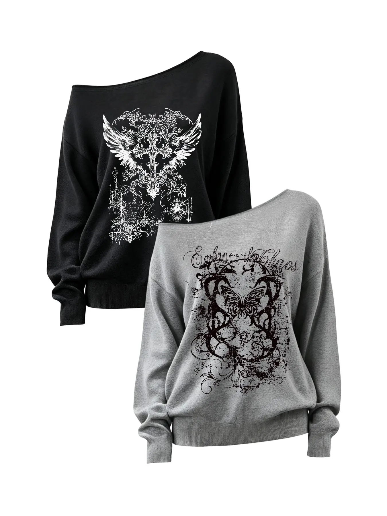 Women's Autumn Home Wear Set, Asymmetrical Shoulder Y2K Gothic Graphic Hoodies, Butterfly Totem Letter Print Tee, Casual Loose Fit, All Seasons