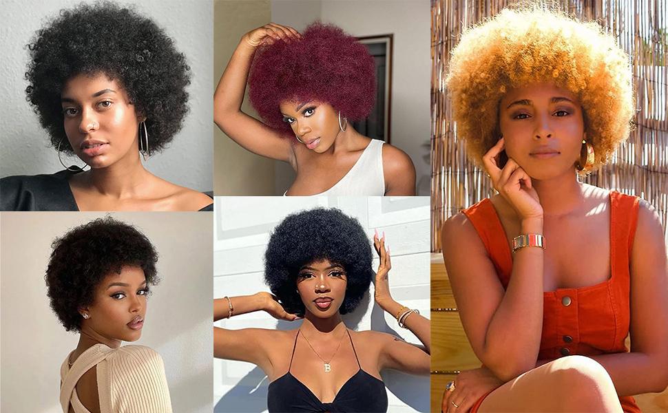 Glueless Wigs Human Hair Afro Kinky Curly Natural Color Wig For Women  Human Hair Soft and Fluffy Glueless Wigs 80s Kinky Curly Wig Cosplay or Daily Use Wigs 180% Density Pixie Curl Afro Wig Onetide Hair