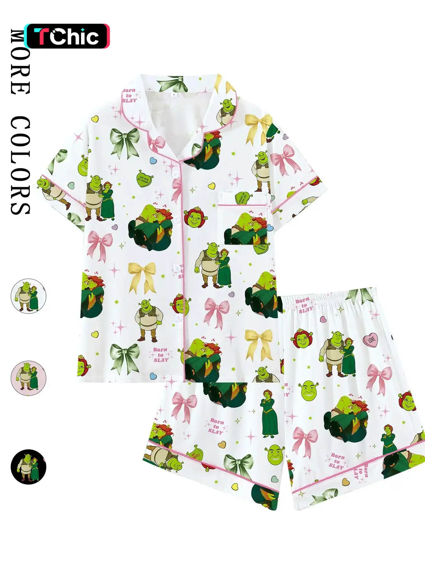 Shrek Movie Cartoon Print Cute Bow Collar Short Sleeve Pajama Set, Comfortable Sleepwear for All Seasons, Princess Fiona Gift, Loose-Fitting Loungewear, Pyjamas, Pjs, Homewear, Everyday, Pajamas Sets