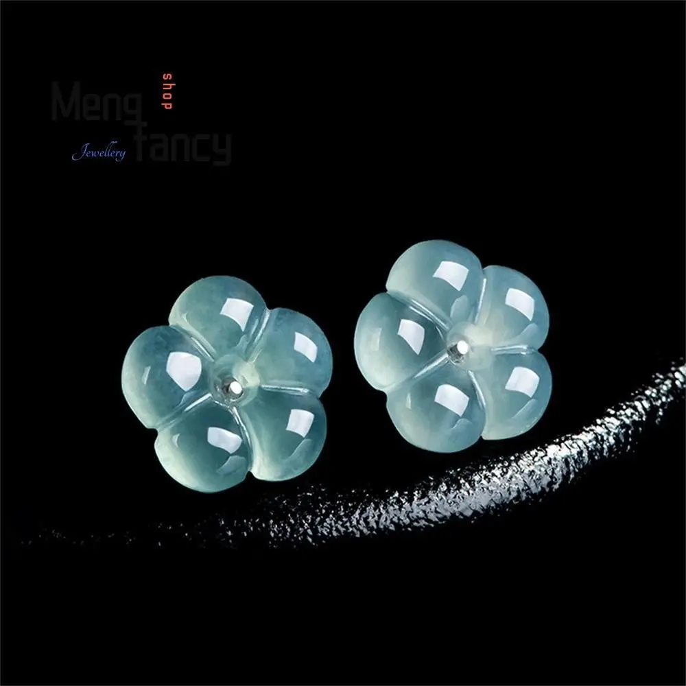 Natural A-Grade Jade Blue Water Plum Blossom Ear Studs, Ice-Type Jade Petals, S925 Silver-Inlaid Ancient-Style Female Earrings