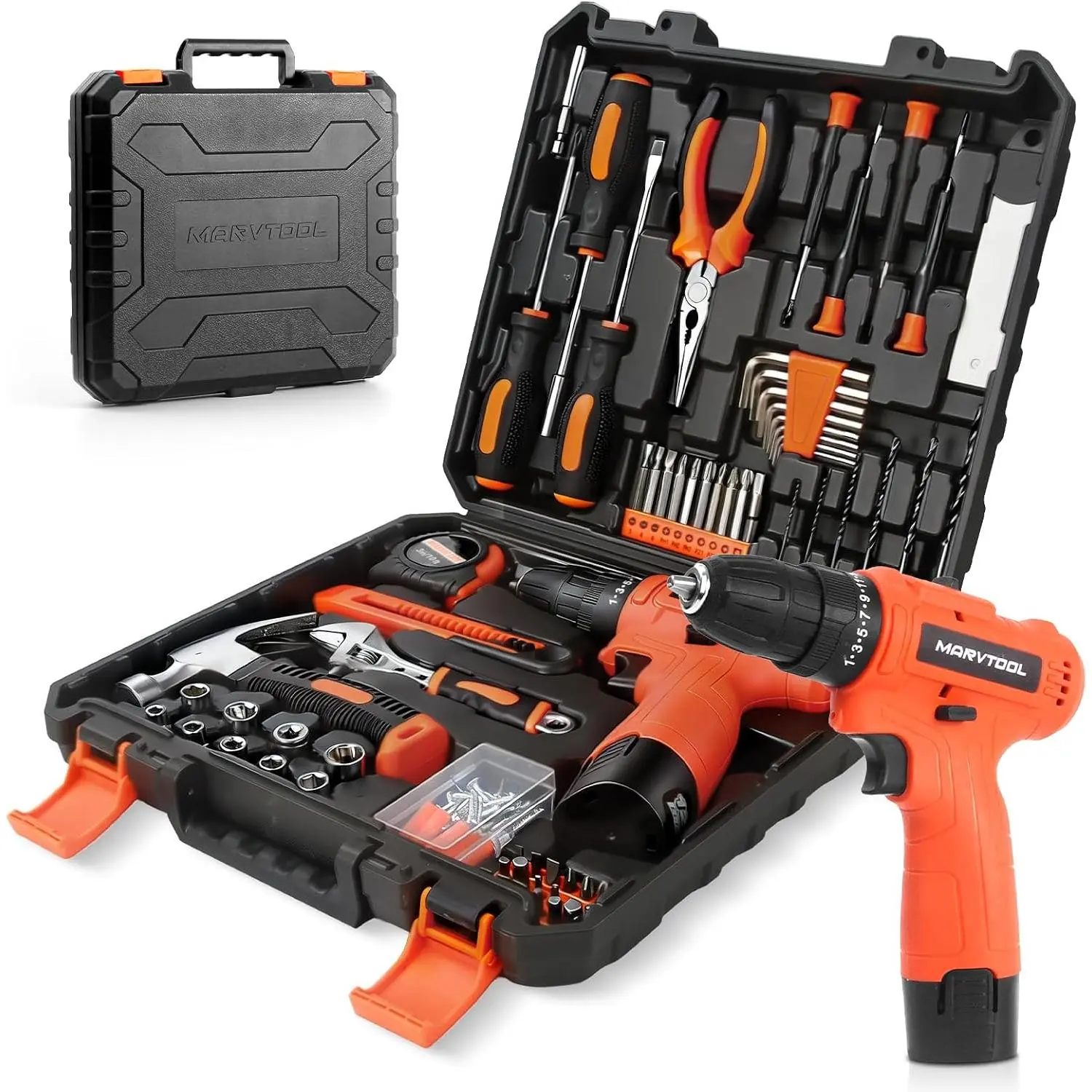 152-Piece Compact Hand Tool Set with 12V Power, Hard Case Toolbox for Homeowners, Home Repair Tasks