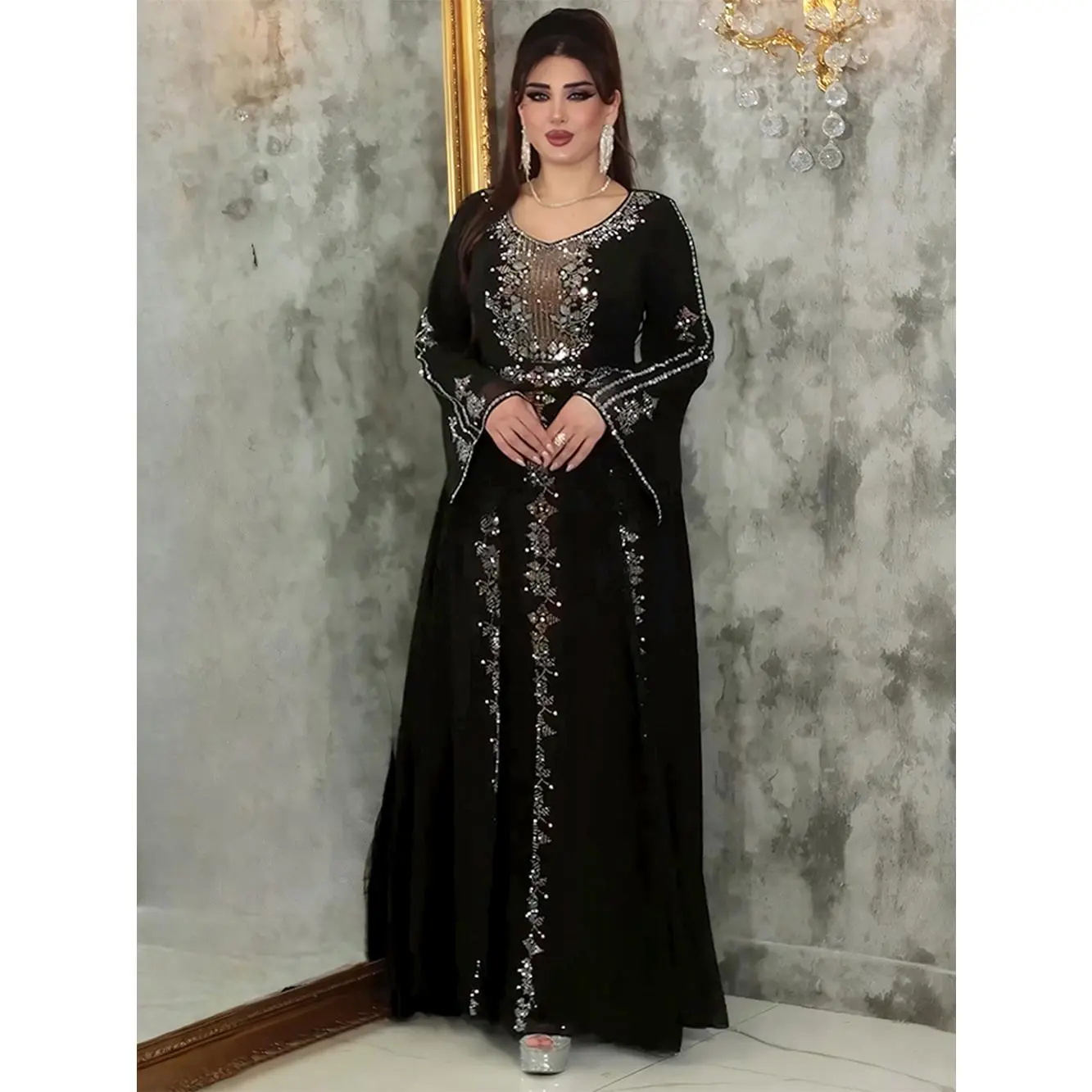 Ruffle Sleeve Chiffon Dresses Elegant Women Wedding Party Evening Gown African Dashiki Diamond Abaya Clothes Dubai Turkey Dress