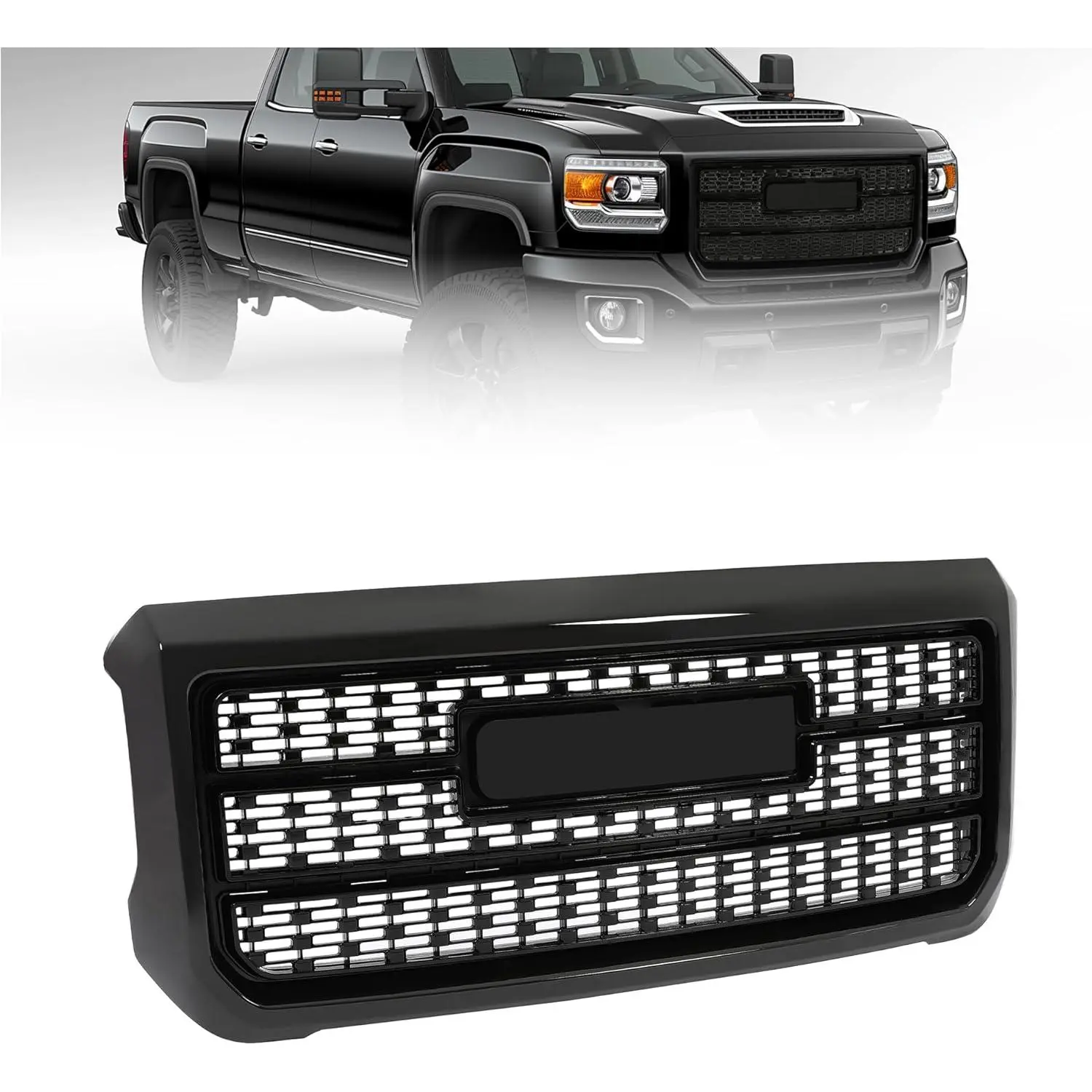 KQQIO Front Bumper Grille Compatible with 2015-2019 GMC Sierra 2500HD 3500HD Hood Mesh Bumper Upper Grill ABS Plastic Painted Gloss Black Replacement for 84542600