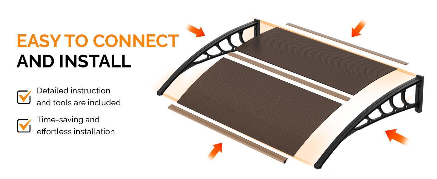 Karlhome Window Awning Door Canopy, 80*38 inch Window Awning Overhead Modern Polycarbonate Cover Outdoor Front Porch Patio Canopy UV Rain Snow Sunlight Protection Hollow Sheet/Brown