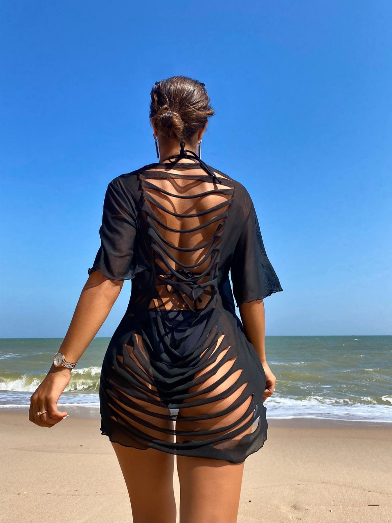 Women's 1pc Hollow-Out Breathable Mesh Beach Long Cover-Up Bikini Covering Shawl Black Semi-Transparent Swimsuit Cover-Up Cut-Out Beach Skirt Sexy Beachwear Swimwear Swimwear Coverups