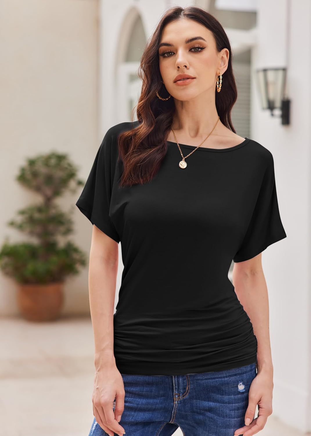 Womens Ruched Tops Casual T Shirts Dolman Short Sleeve Shirts Boat Neck Summer Off Shoulder Batwing Tops 2026 Womens Ruched Tops Casual T Shirts Dolman Short Sleeve Shirts Boat Neck Summer Off Shoulder Batwing Tops 2026