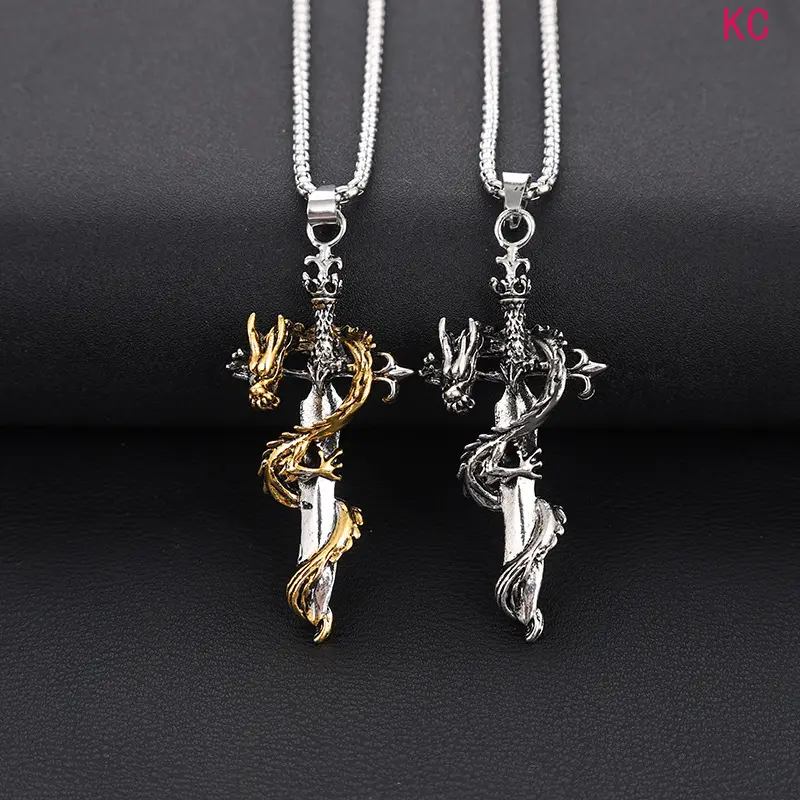 Creative Golden Dragon Cross Sword Pendant Necklace, Unisex Neck Jewelry For Daily Streetwear And Party Styling Matching Accessory