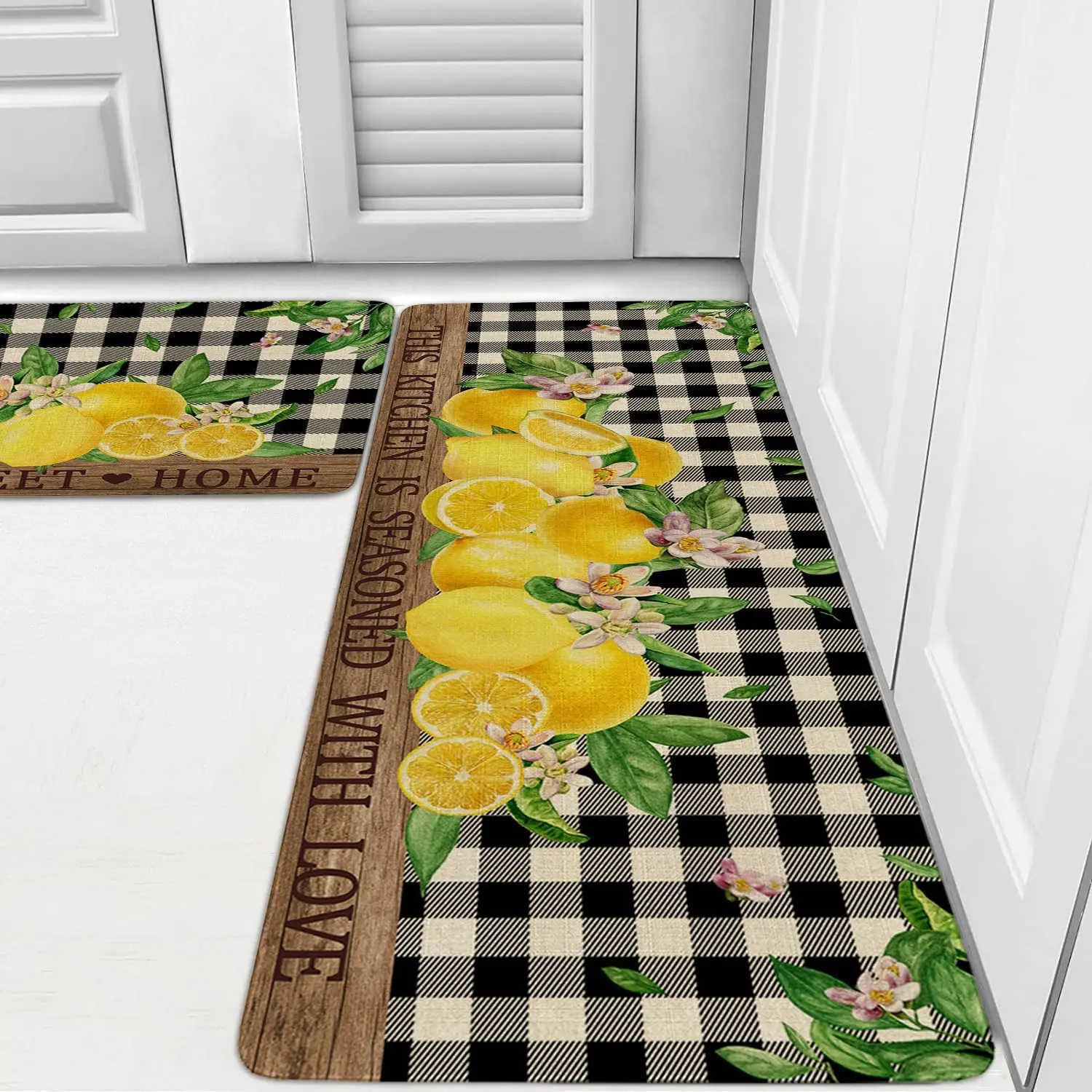 Lemon Rugs Set of 2,Home Sweet Home Plaid Holiday Mats for,Summer Seasonal Non-Slip Washable Sink Mats Decor Doormat+Runner Rug