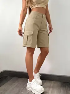 Summer Solid Bermuda Knee-Length cargo shorts, Casual Relaxed Shorts, Casual Multi-Pocket Zipper Fly, Loose-Fit Straight Leg, Beach Street Daily Outdoor Hiking Commute Women's Pants