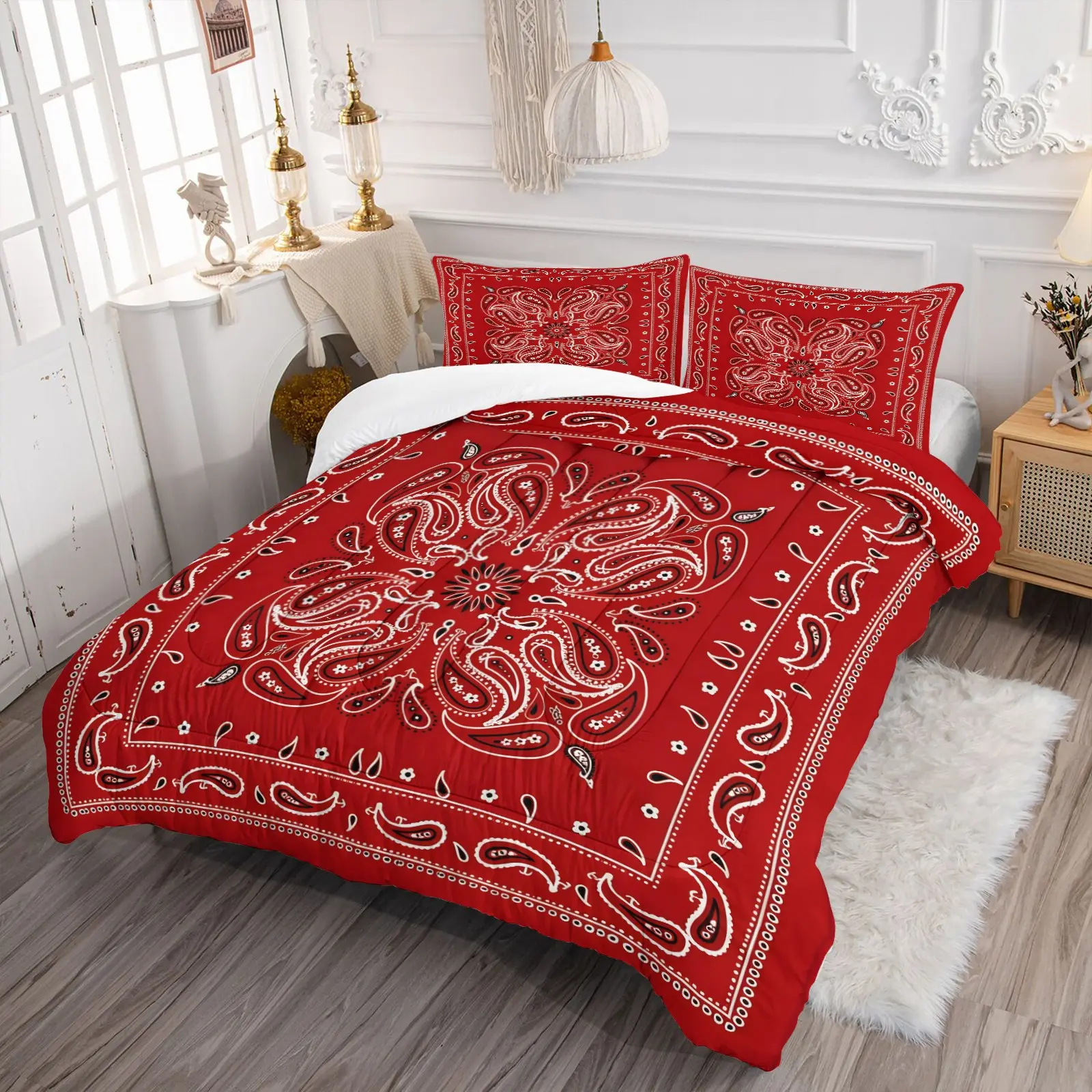 Red Background Paisley Comforter Set, 1 Quilt & 1-2 Coreless Pillowcases, Red Base With White Paisley Pattern, Soft And Warm Breathable for all Seasons, Retro Premium Decor For Bedroom, Ideal Gift Choice for Boys Girls