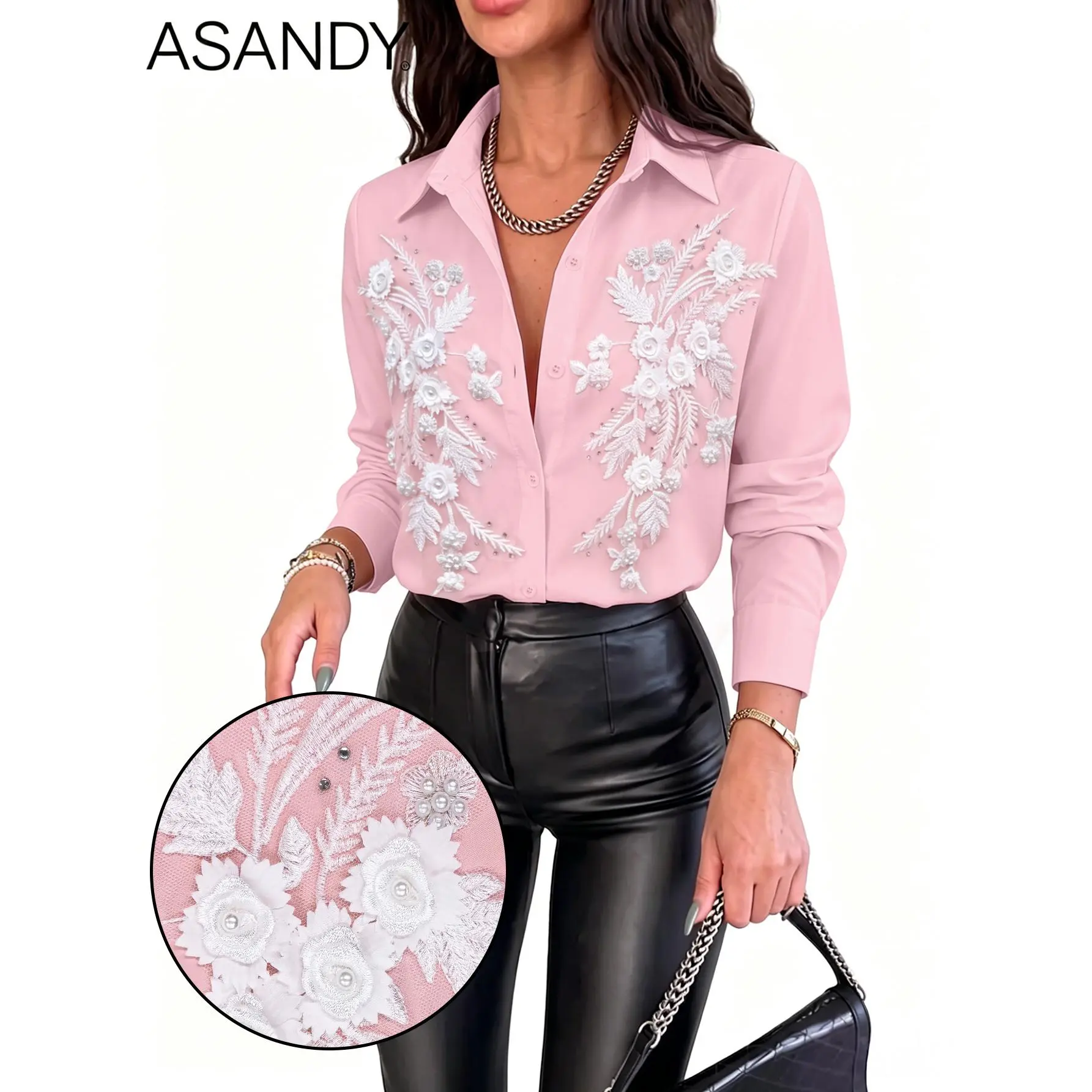 ASANDY Women's 3D Tulle Feather Rhinestone Chain Embellished Satin Shirt, Soft Pink Glossy Long Sleeve Collared Blouse, Elegant Feminine Daily Statement Top