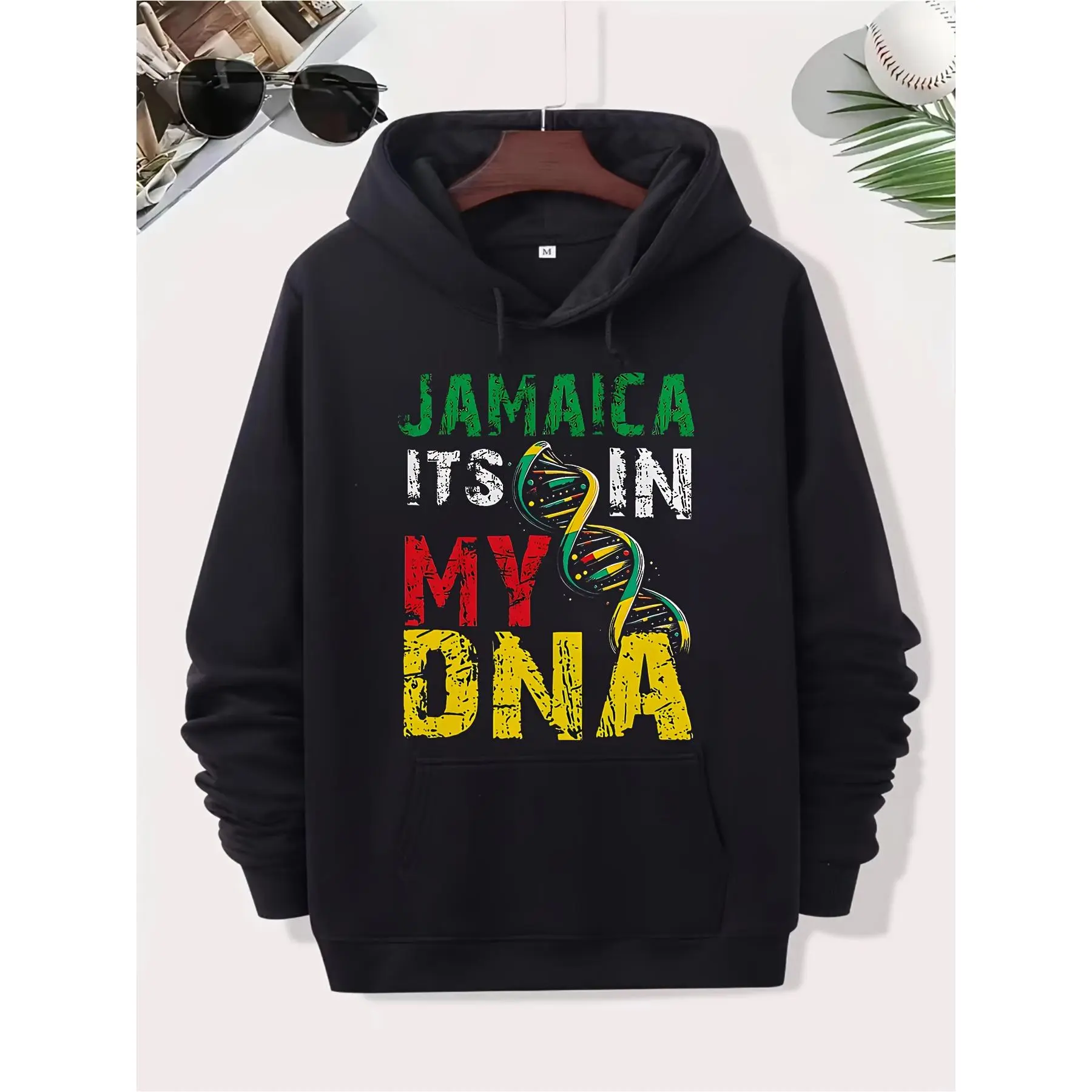 Men'S Jamaican Heritage Flag DNA Graphic Hoodie - Black with Green & Yellow Rasta Colors, "Jamaica It'S In My DNA" Slogan, Sporty Polyester Blend Pullover, Machine Washable Casual Sweatshirt for Men & Women, Cultural Apparel