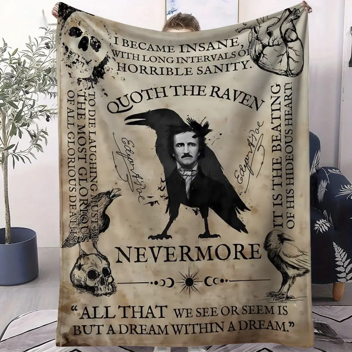 1PC Vintage Yellowed Parchment Edgar Allan Poe The Raven Poem Flannel Blanket, Antique Distressed Paper Background Central Raven & Writer Sketch Surrounded By Skull Anatomical Heart Gothic Classic Literature Quote Print Soft Throw Blanket