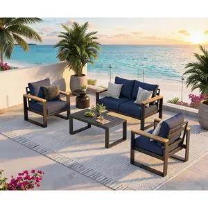 Modular Outdoor Patio Conversation Furniture Set with Side Table, Thick 6-Inch Washable Olefin Cushions & Heavy-Duty Aluminum Frame, Customizable Sectional Sofa for Balcony, Pool Deck, Garden