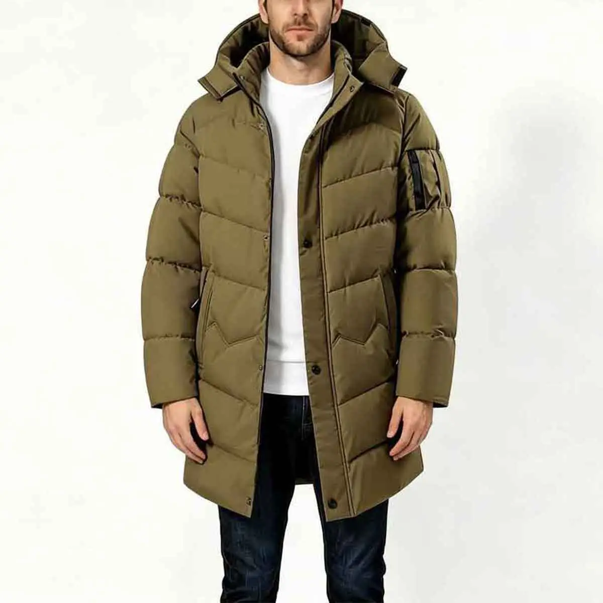 Men Mid Length Hooded Puffer Coat, Warm Thick Quilted Winter Jacket With Arm Pocket, Windproof Loose Fit Outerwear, Classic Solid Black Casual Parka, Ideal Cold Weather Outfit For Daily Travel, Work And Outdoor Activities, Easy To Match Jeans And Casual P