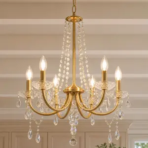 Modern Gold Crystal Chandelier, 6-Light 20.1-Inch Height Adjustable Crystal Pendant Light, E14 Base Fixture for Dining Room Living Room Kitchen Island Bedroom Foyer Staircase, Luxury Modern Decor, Bulbs Not Included