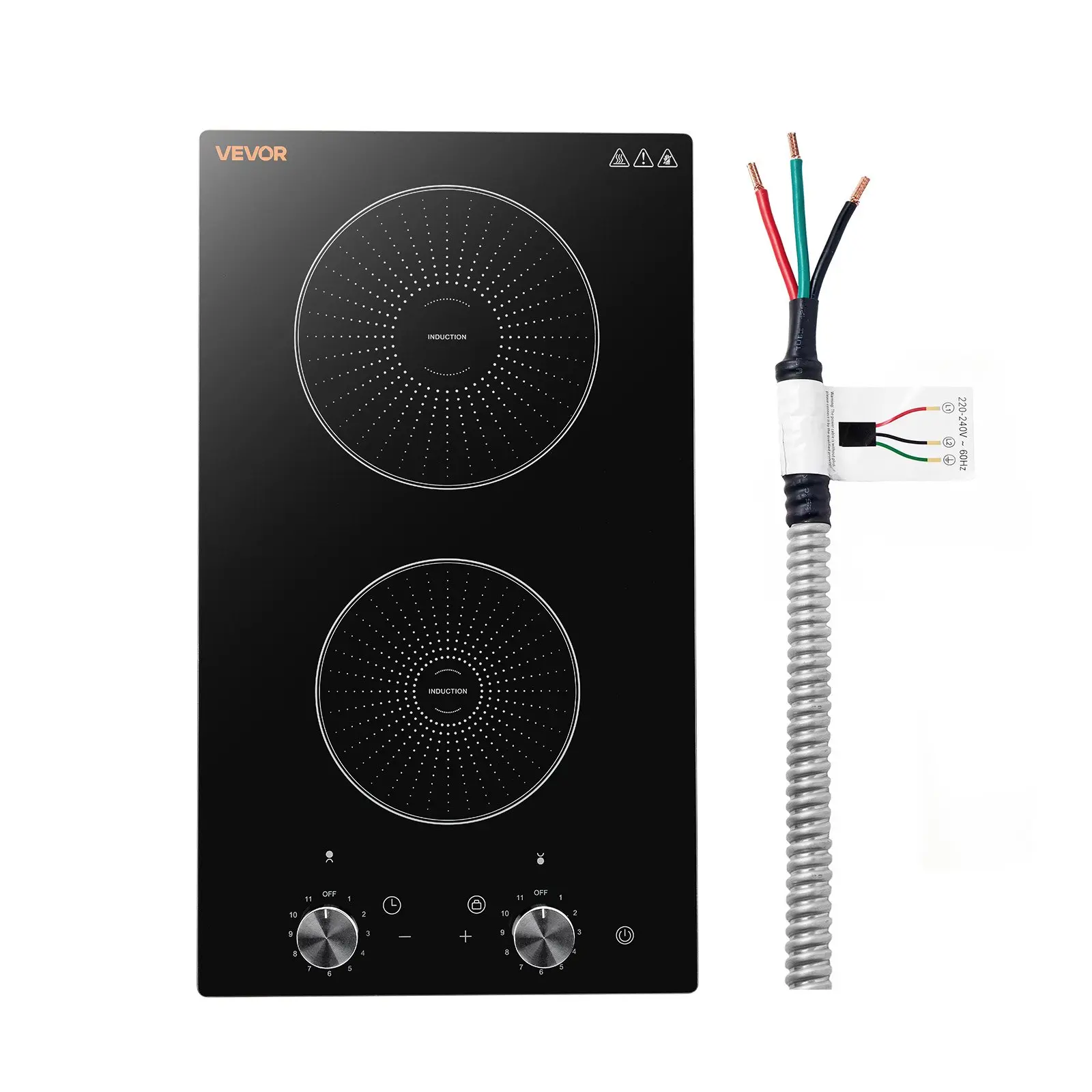 VEVOR Induction Cooktop 12in 2 Burners Built-in Electric Stove 220V 3500W, Low-Power Continuous Heating, Induction Burner for Kitchen, 11 Power Levels, Knob Control, Ceramic Glass, and Child Lock
