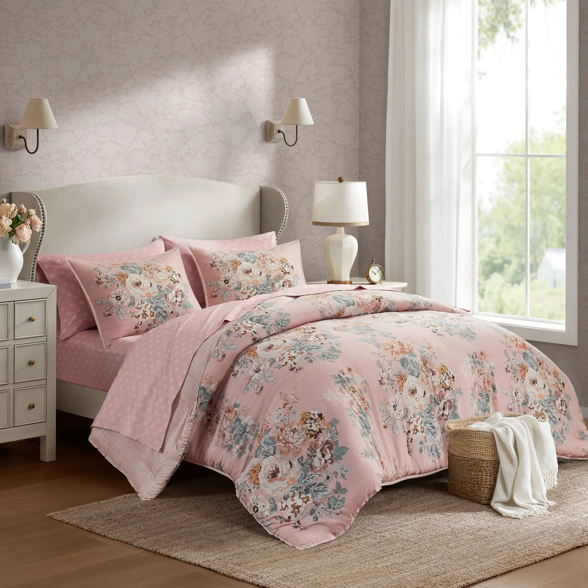 ARCH 7-Piece King Size Floral Print Bedding Collection - Pink Botanical Rose Pattern Comforter Set with Sheets, Pillowcases, Shams - Luxury Soft Home Textile Bedroom Decor Gift, Home Furniture and Household Product Search Terms for US Online Shopping