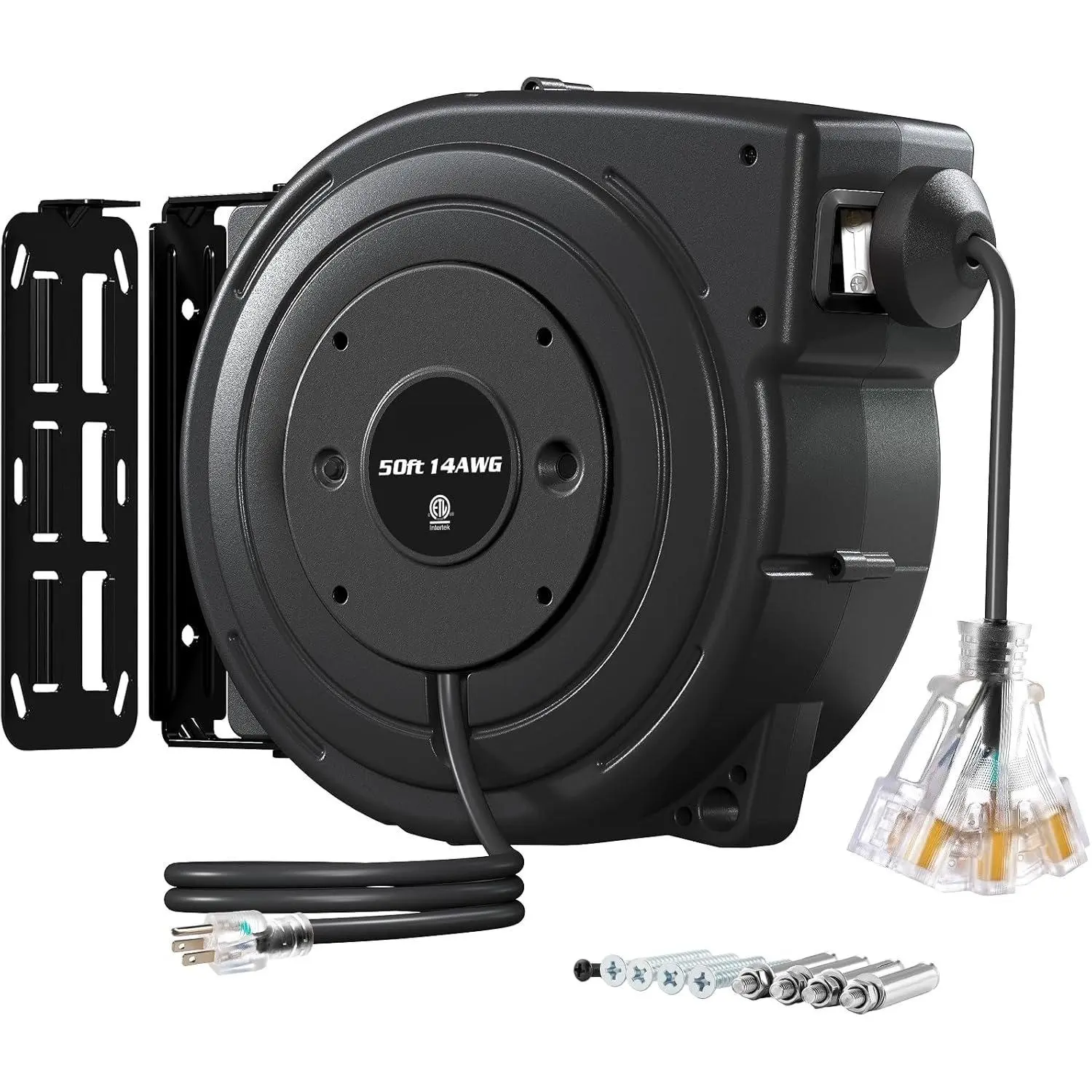 50FT Retractable Extension Cord Reel, 14AWG/3C SJTOW Heavy Duty Power Cord with Lighted Triple Tap, 13A Circuit Breaker, Ceiling/Wall Mount for Garage, Shop, Workshop, ETL Listed, Black