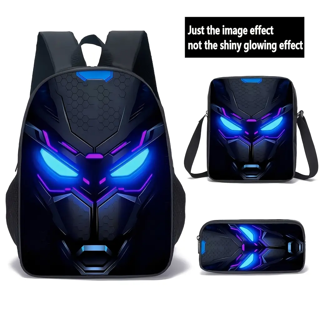 Black Panther 3-Piece Backpack Set, Neon Blue & Purple Glow Mask Print School Bag + Crossbody Bag + Pencil Case, Oxford Cloth Adjustable Strap Daypack for Superhero Fans