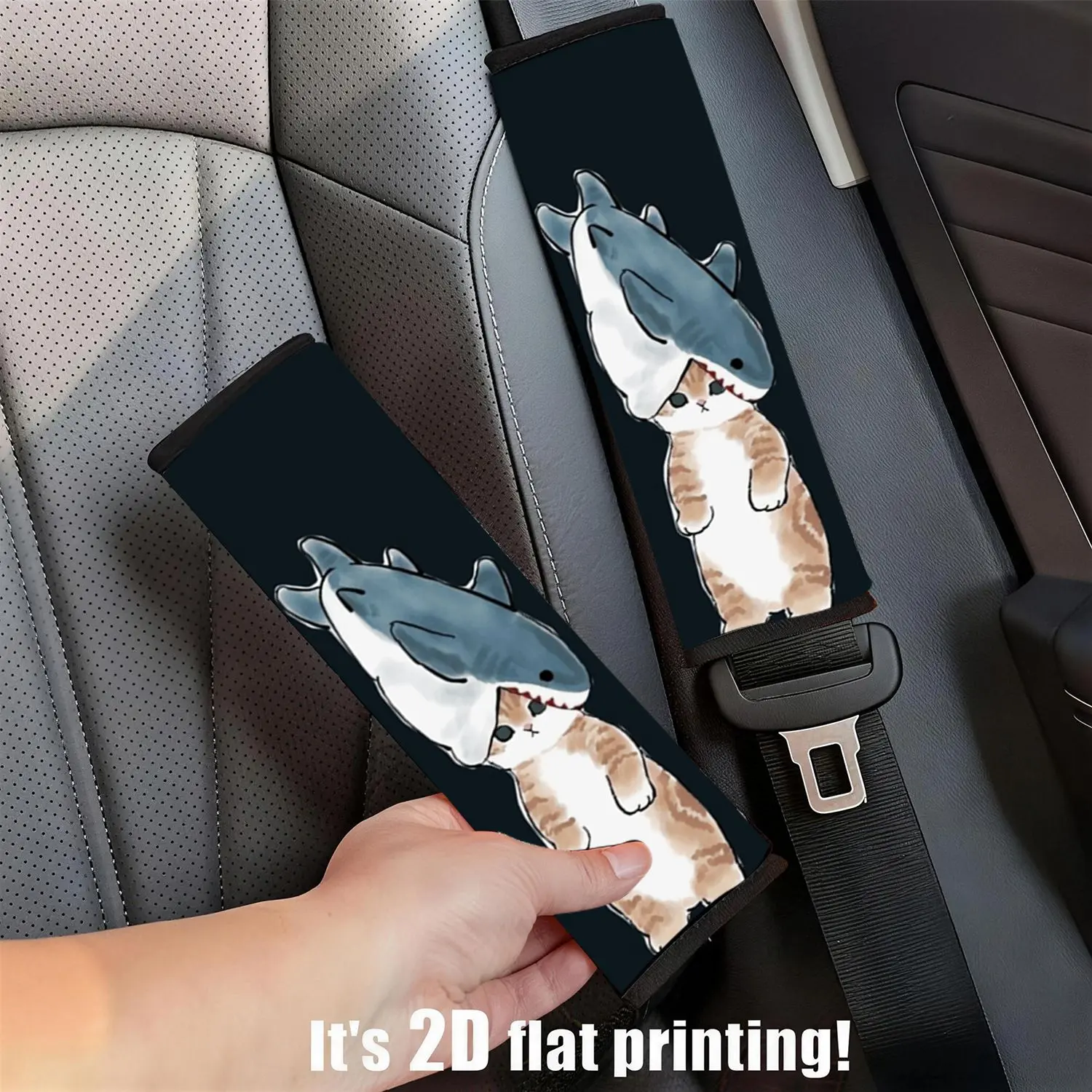 2PCS Modern Funny Cat Wearing Shark Costume Print Car Seat Belt Shoulder Pads, Universal Automotive Interior Decor Accessories For Vehicles And Seasons, Easy To Install Daily Travel Essential, Ideal G