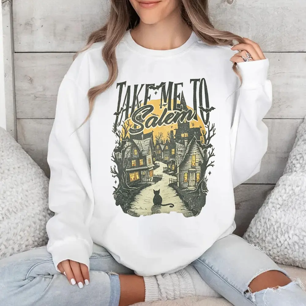 Women's Vintage Crewneck Pullover Sweatshirt - Take Me to Salem Witch Town, Black Cat, Haunted House, Halloween, Casual Unisex Long-Sleeve, Denim-Smooth Polyester, Everyday Flannel Autumn Wear, Fabric, Yarn