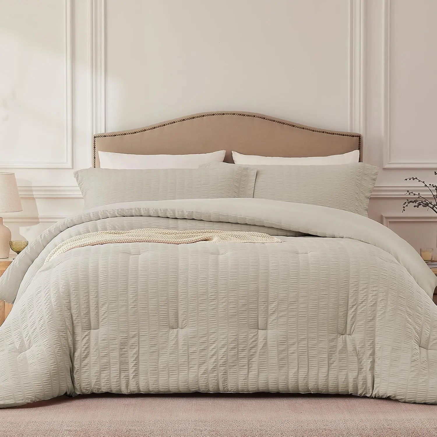 Oatmeal Full Comforter Set - 3 Pieces Seersucker Lightweight Bedding Comforter Sets (1 Soft Comforter & 2 Pillowcases) - All Cozy Bed Sets