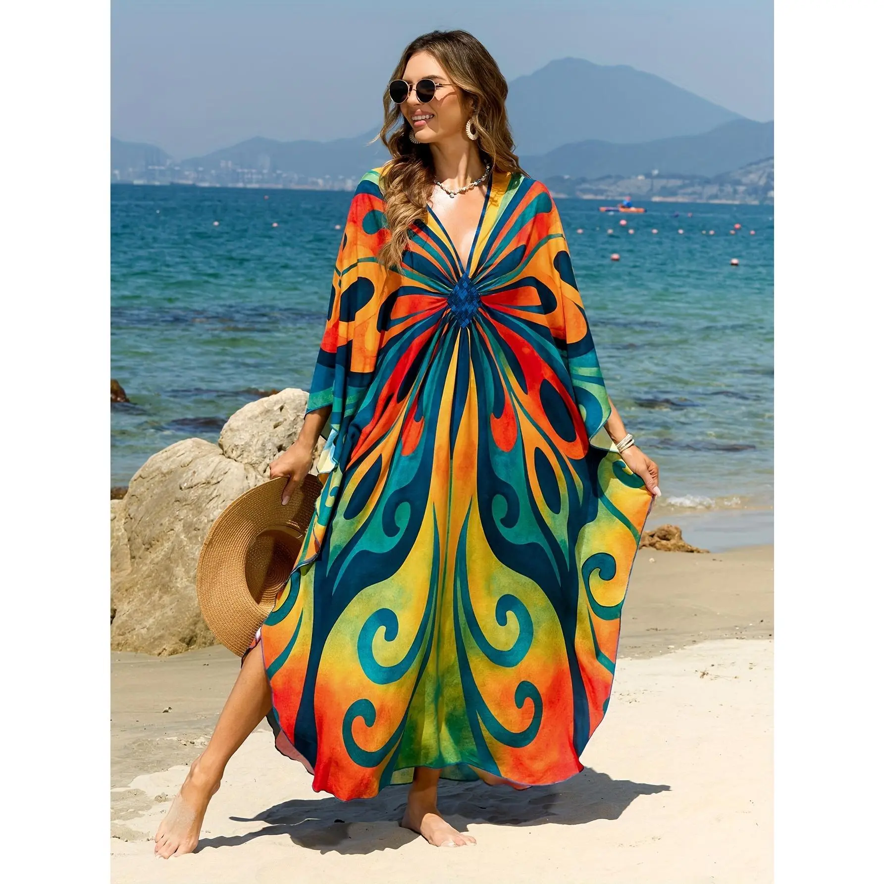 Women's Plus Size V-Neck Bohemian Casual Viscose Woven Kaftan Dress - Butterfly Printed, Hand-Batwing Sleeve, Summer Holiday Bathing Suit Cover Ups, Machine Washable