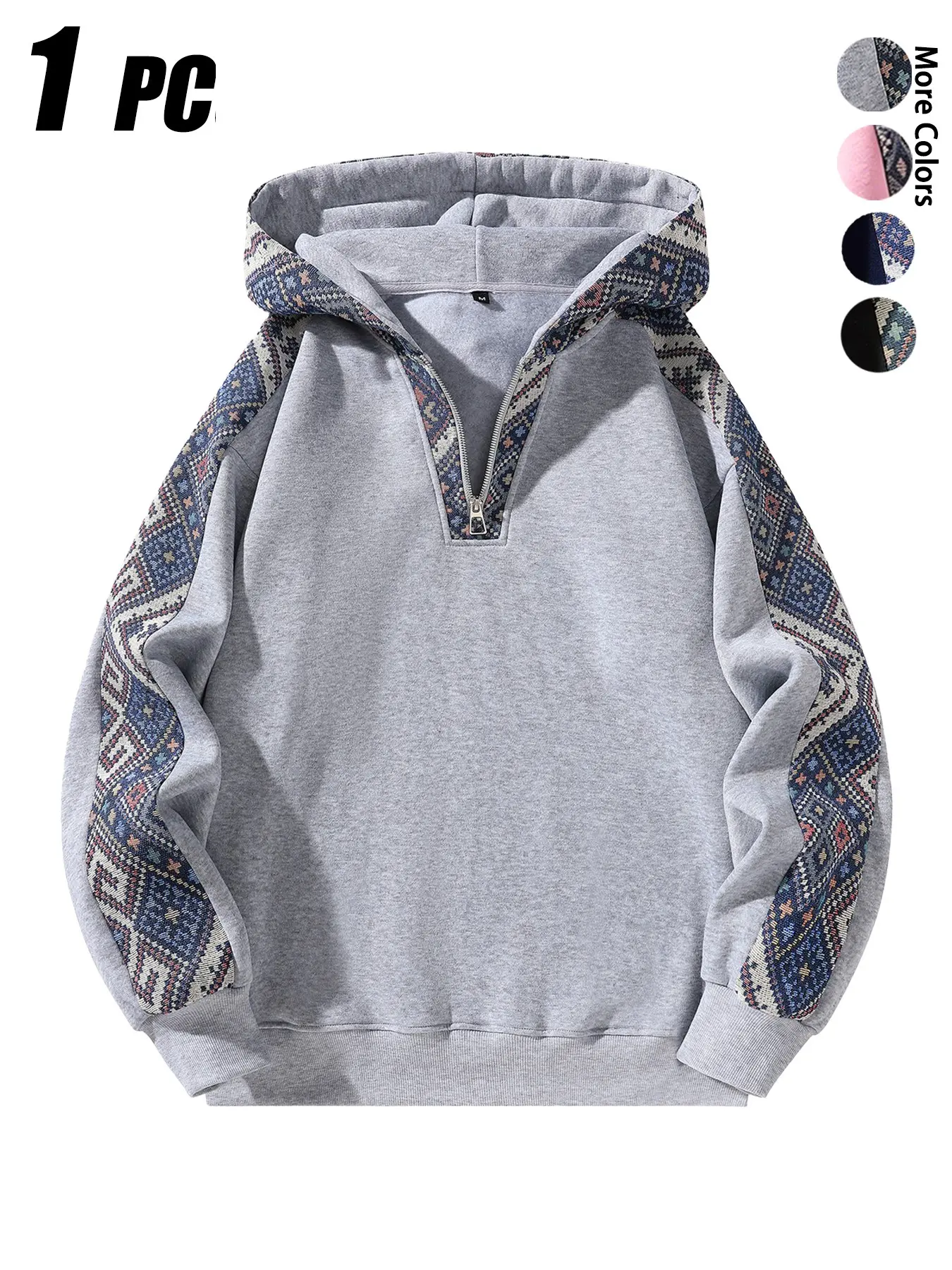 Men's Vintage Ethnic Half-Zip Hoodie, Tribal Pattern Colorblock Long Sleeve, Geometric Print Hooded Sweatshirt, Casual Streetwear Fleece Top