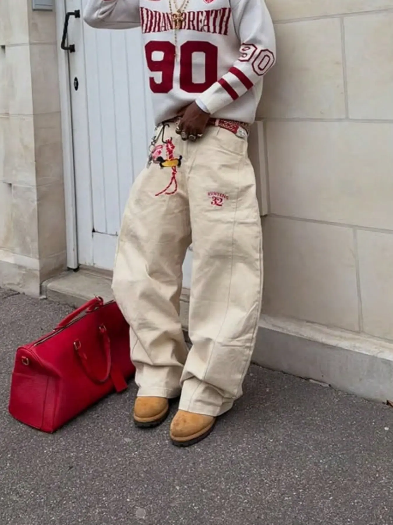 American Vintage Embroidered Denim Knife Jeans, Men's Streetwear Loose-Fit Wide Leg Long Pants, All-Season Button Fly Cargo Trousers, Cleanfit Style