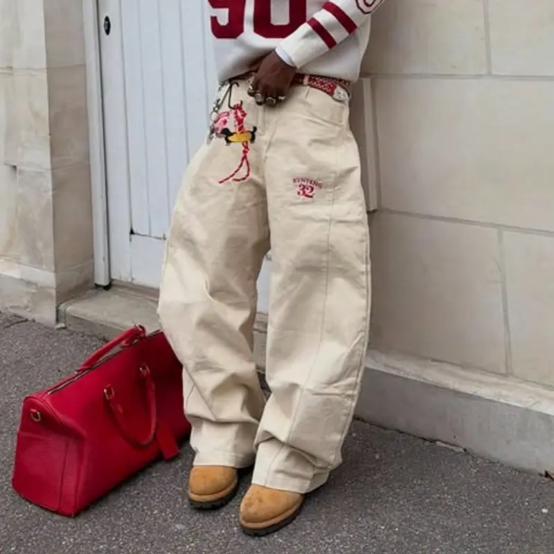 American Vintage Embroidered Denim Knife Jeans, Men's Streetwear Loose-Fit Wide Leg Long Pants, All-Season Button Fly Cargo Trousers, Cleanfit Style, Fashion