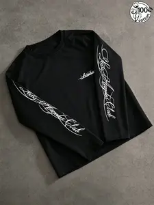 Unisex 100% Cotton Multi-Color Vertical Sleeve Script Lettering Long Sleeve Tee Mini Chest Logo Chicano American Streetwear Oversized Casual Top