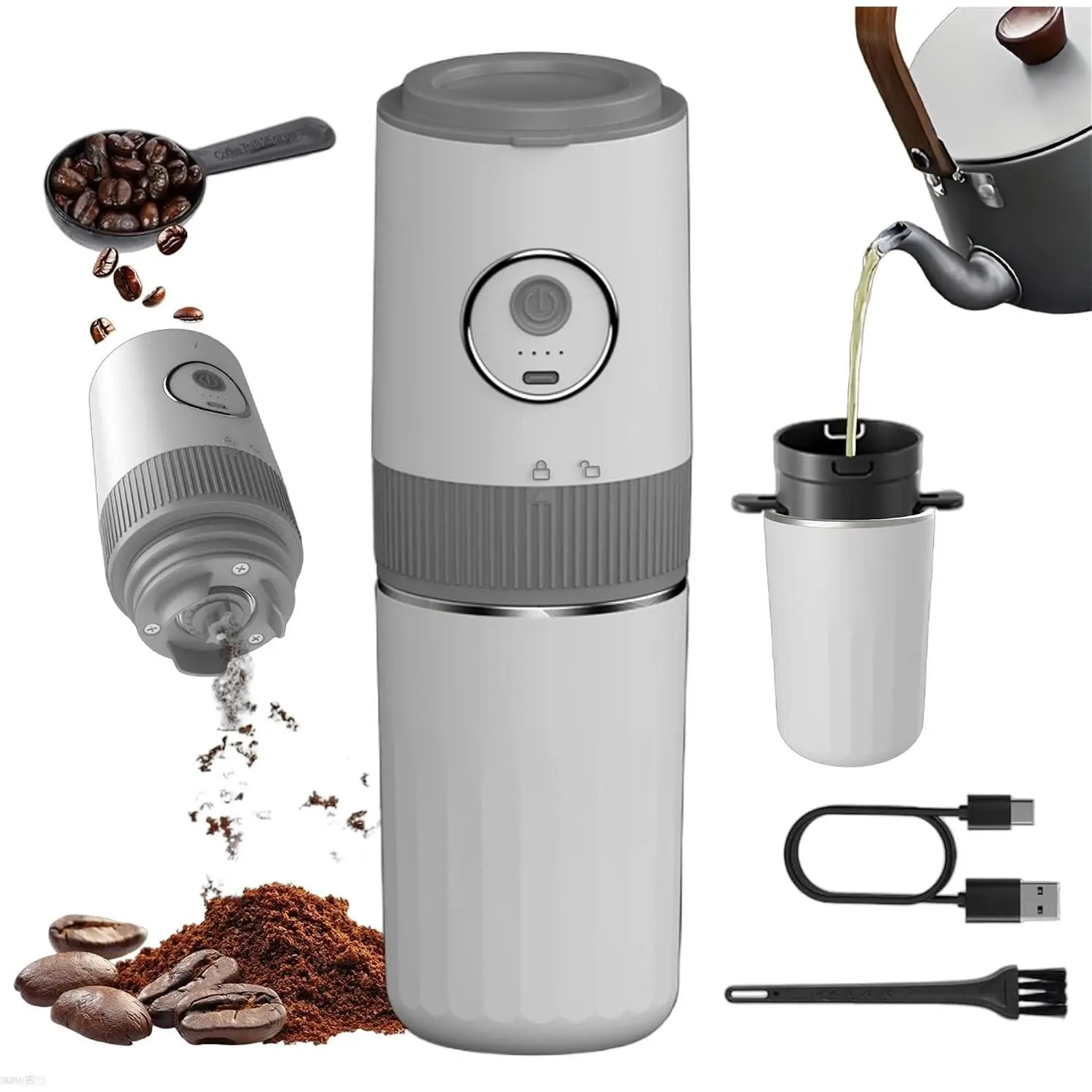 Portable Electric Coffee  and Brewing Kit, White | Rechargeable, Conical Burr Mini , 32g Capacity, Includes Filter & Coffee Cup