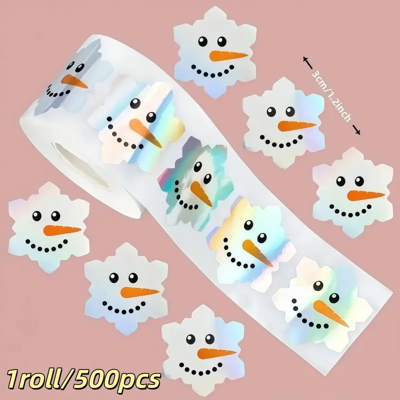 1 Roll/500pcs Rainbow Snowflake Stickers, Holographic Christmas Winter Decor, Snowman Tree Clouds, Party Card Making Material