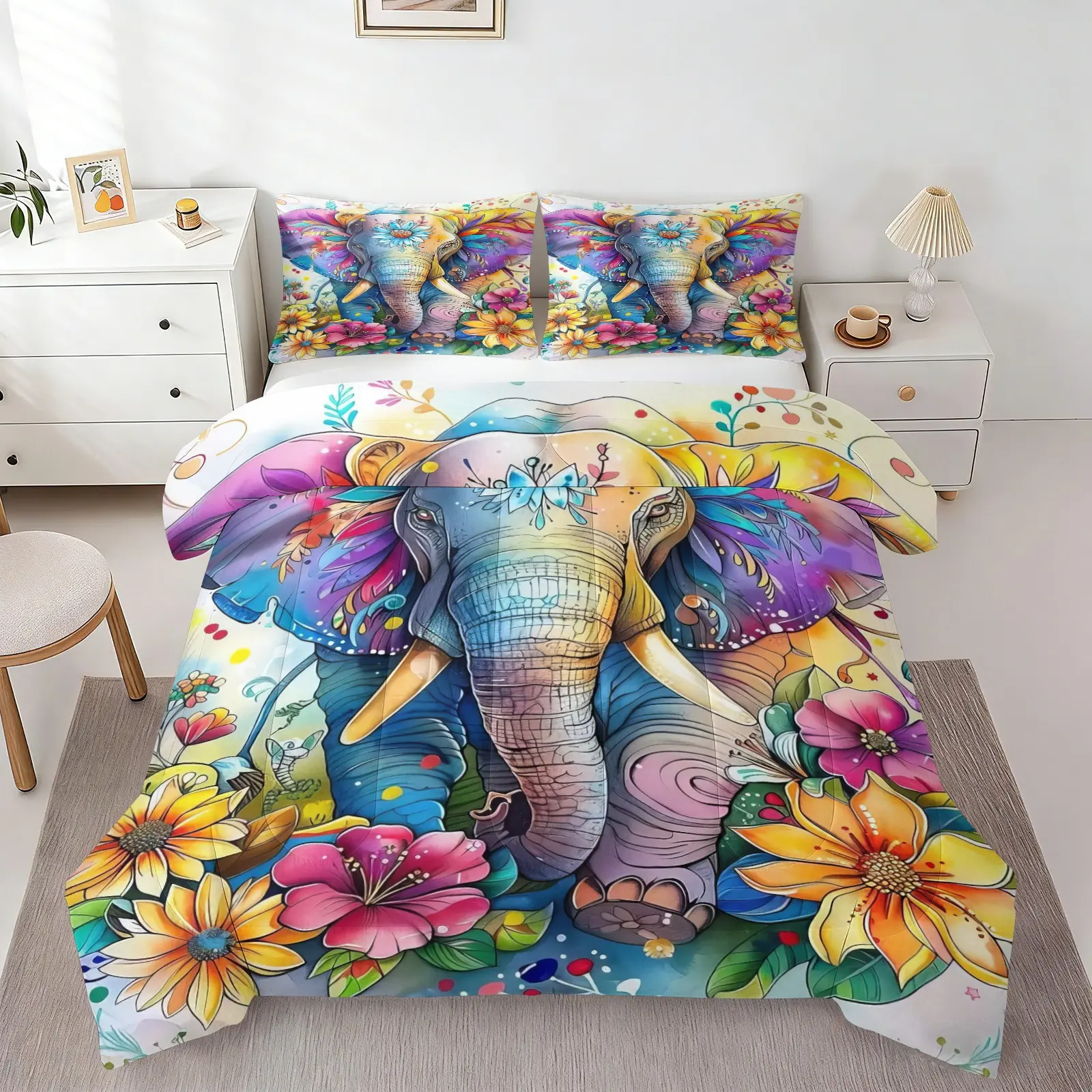 Colorful Watercolor Boho Elephant Printed Comforter Set, 1 Quilt & 1/2 Pillowcase No Pillow Insert, Exotic Floral Bohemian Bedding Set, Stylish Home Decor for Adult Bedroom & Guest Room, Year Round Use