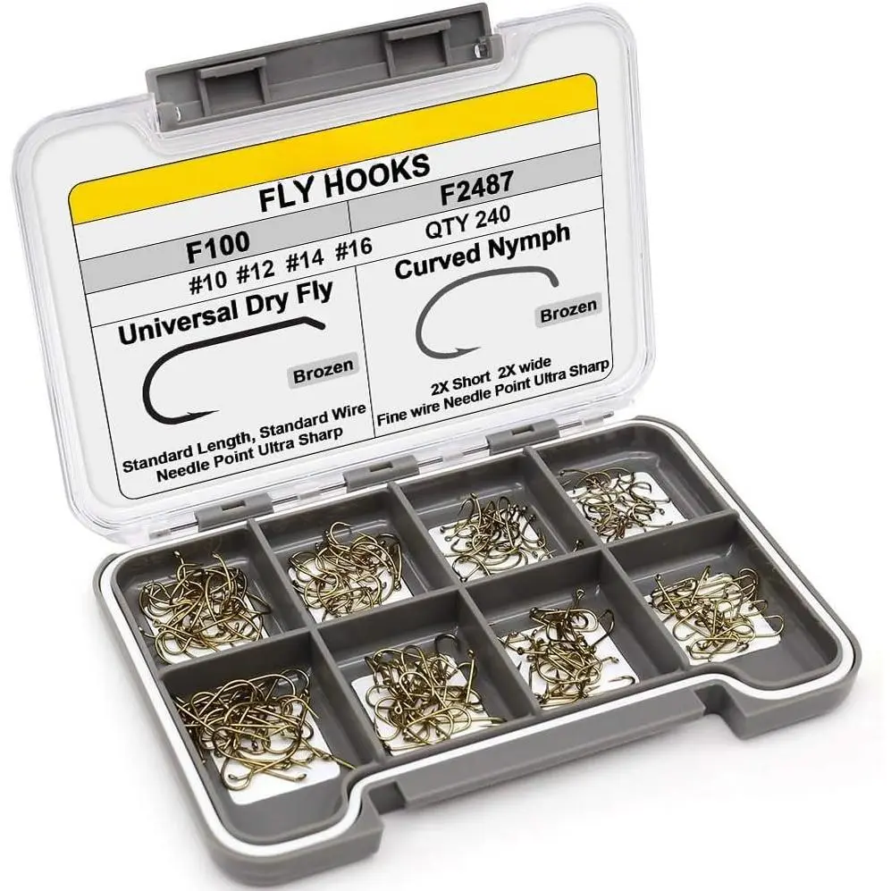 Fly-Hooks-for-Fly-Tying-Dry-Wet-Barbless-BL-Nymph-Flies Curved Czech Scud Fishing Hooks 10# ~16#  Pack of 100-240 Hooks with Box