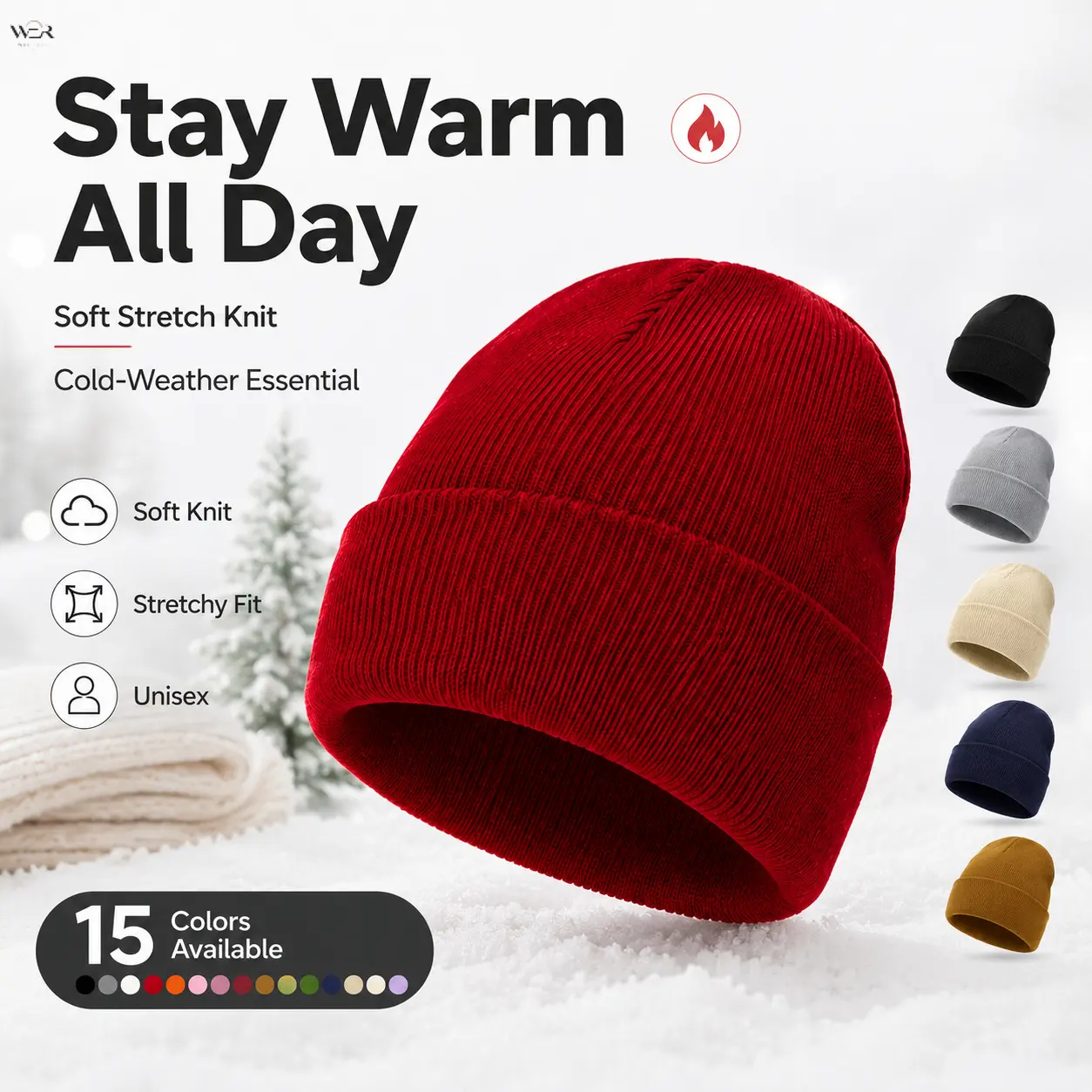 Stretchy Classic Knit Beanie Hat One Size Fit Unisex Warm Winter Soft Cuffed Ribbed 24cm Height 58cm Circumference 15 Colors Black Gray Red Orange Pink Green Blue Navy White Beige Lavender Casual Everyday Outdoor Fashion Accessory Gift Women Men
