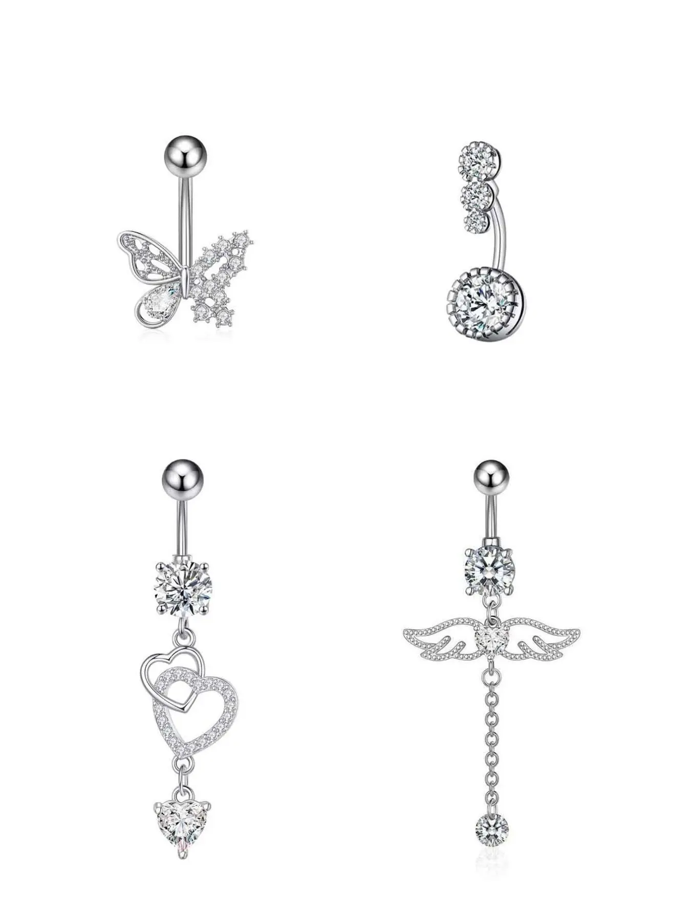 4Pcs 14G Nickel Free Hypoallergenic Stainless Steel Belly Button Rings Set Sparkly CZ Butterfly Heart Angel Wing Opal Dangle Navel Piercing Jewelry Non Tarnish Body Piercings for Women Summer Beach Body Jewellery