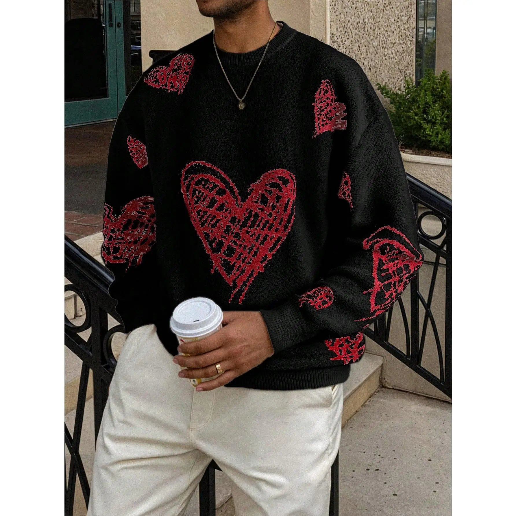 Couple's Festive Heart Jacquard Pullover Sweater, Classic Matching Lightweight Knit with a Casual Loose Fit Crew Neck, Fabric, Menswear