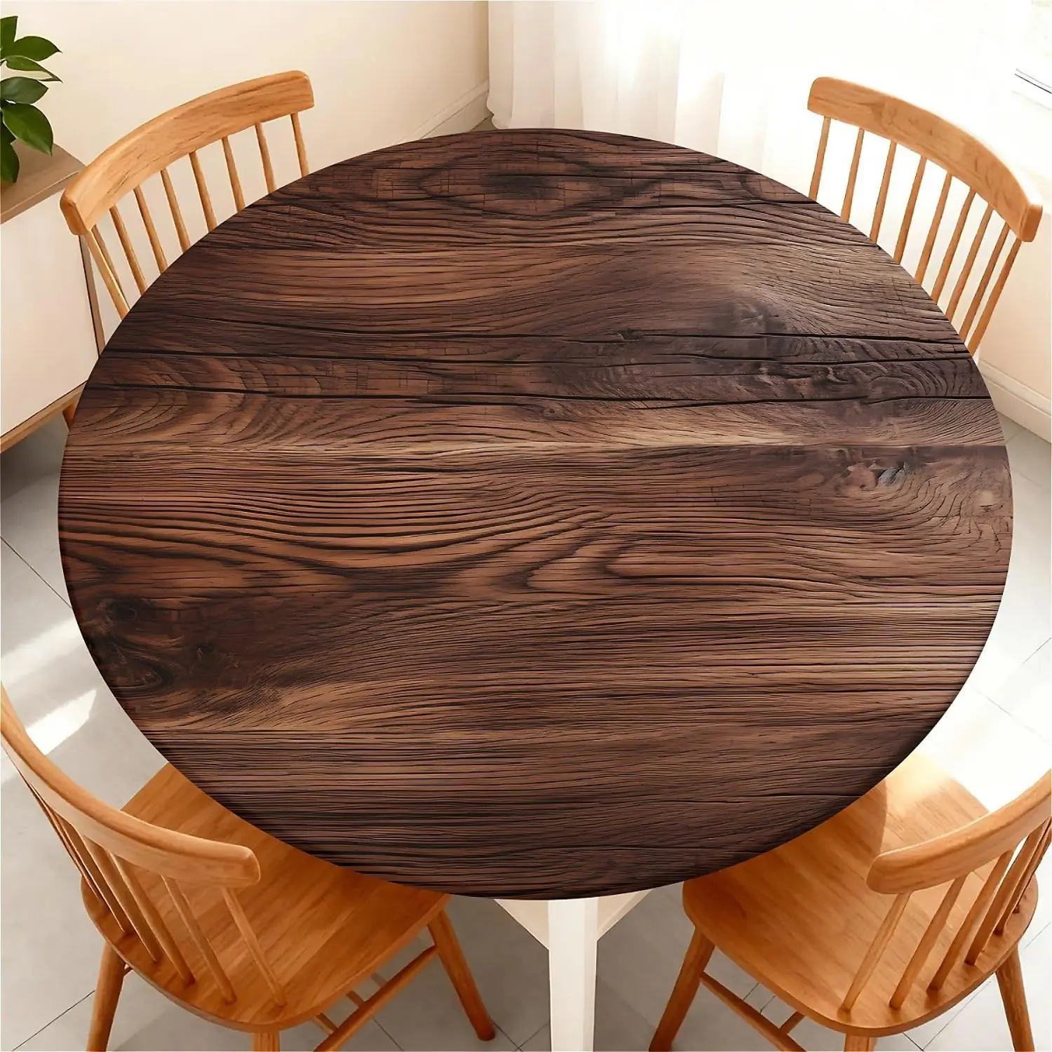 Round Fitted Tablecloth with Elastic Edge, Waterproof Stain Resistant Fabric Table Cover for 32"-36" Round Table, Indoor Outdoor Dining, Kitchen Decor, Camping, Party, Holiday, Walnut Wood