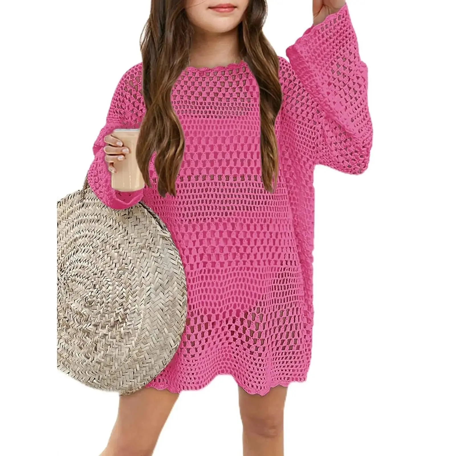 Girls Crochet Long Sleeve Swimsuit Cover Up Kids Fashion Hollow Out Swimwear Beach Dress 5-14 Years