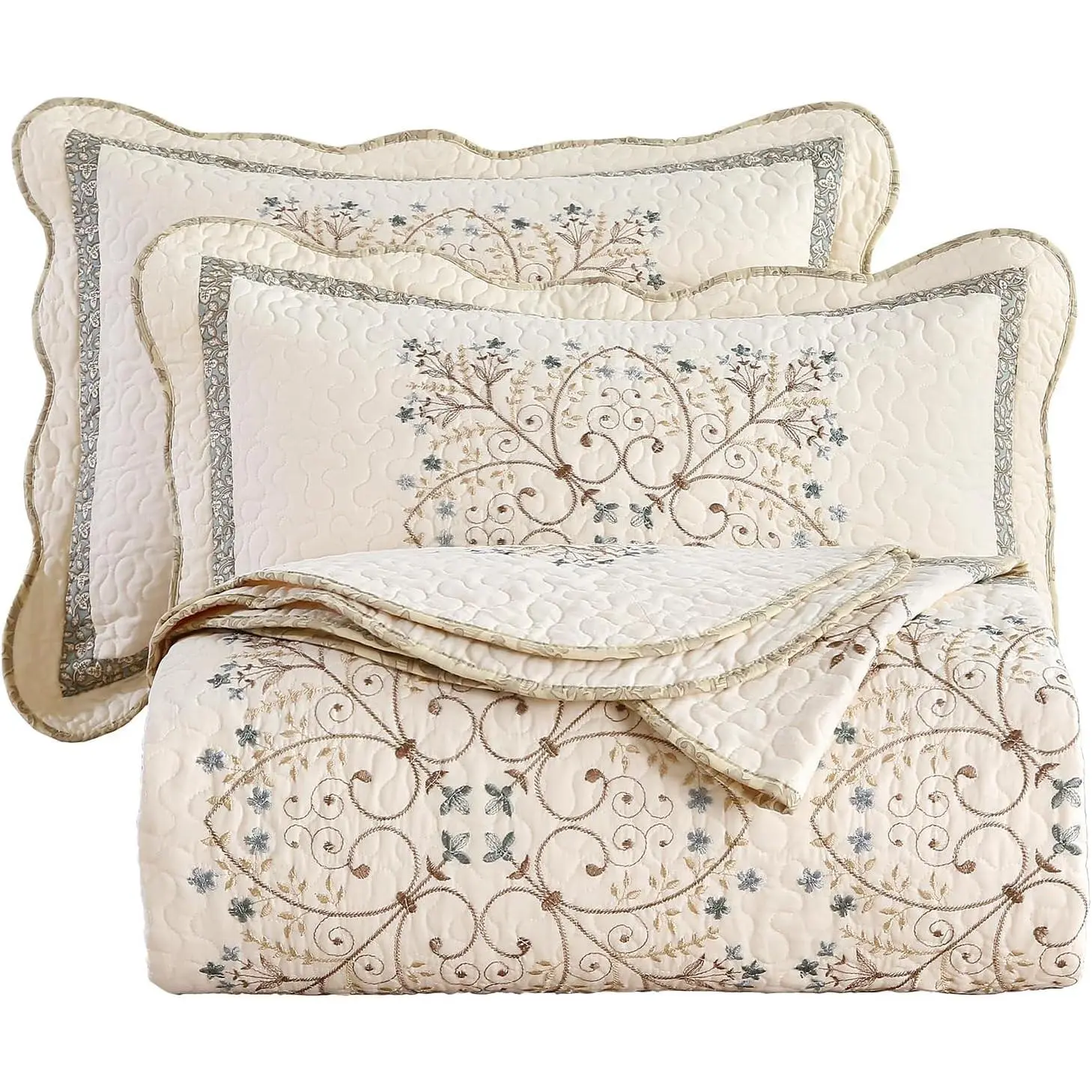 Elegant Embroidered Quilt Set  Patchwork Full/ Size Reversible Bedspread Coverlet 3 count  Quilted Bedding Set for  , 1 Quilt + 2 Pillow Sham (87x94 in)