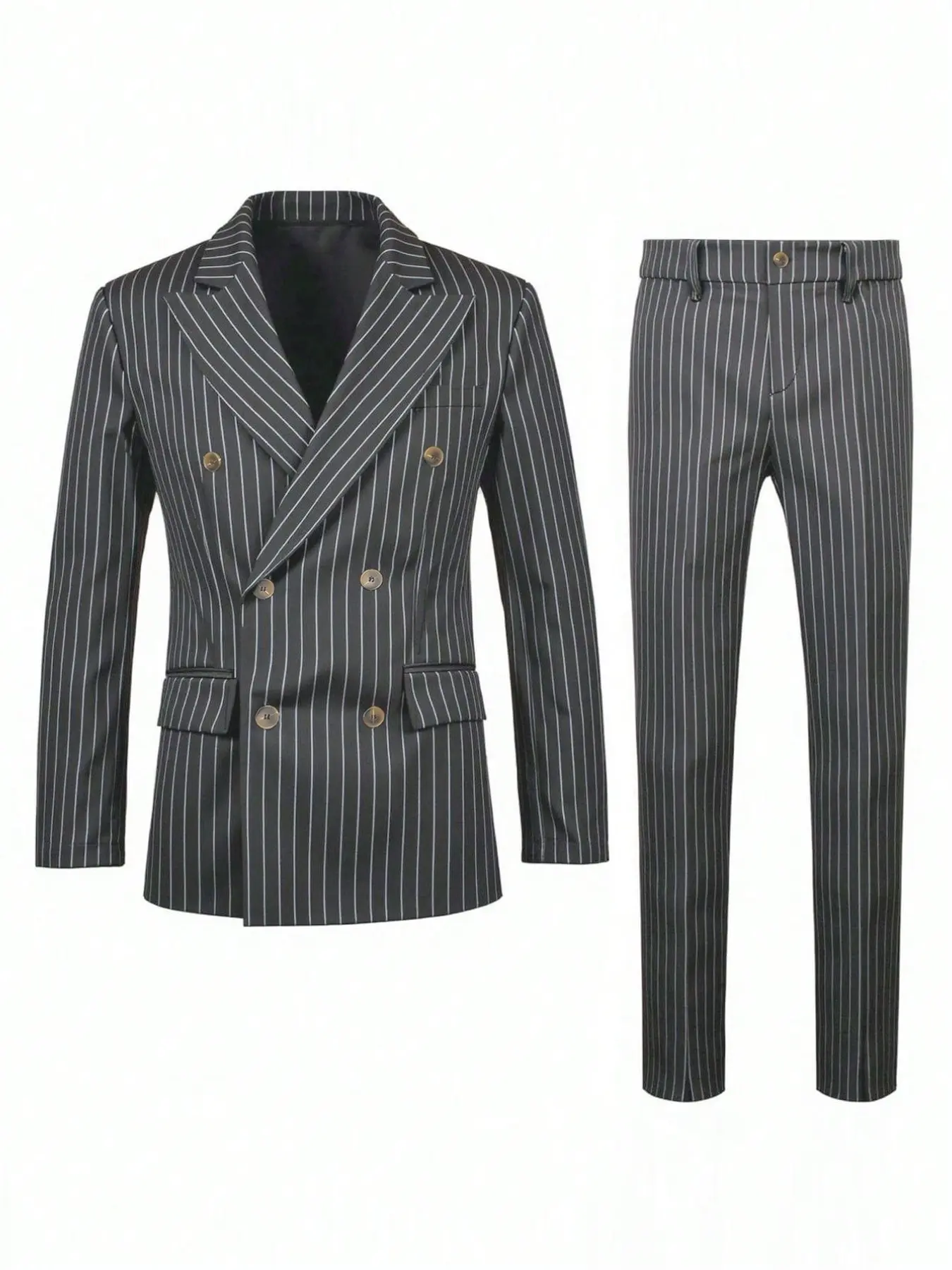 Men's Vintage British Striped Blazer Set, Wine Fine Stripe Double Breasted Jacket with Pants, Fitted Formal Two-Piece Suit
